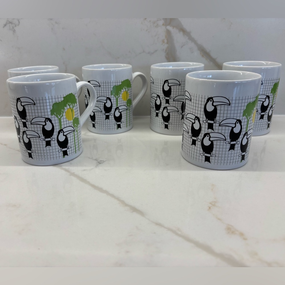 Rare Set 6 Kiln Craft England Black Lime Yellow Toucan Pattern White Mugs Set